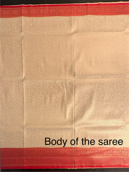 Cream-Red Blended Jamawar Saree