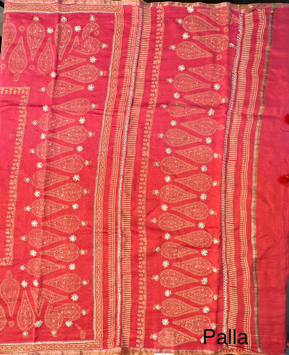Coral Pink-Rani Block Print Chanderi Saree With Kaantha Stitch