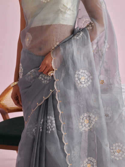 Kota Doria Pure Silk Saree with Aari Scallops