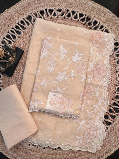 Beige Cotton Chanderi 3-Piece Unstitched Suit