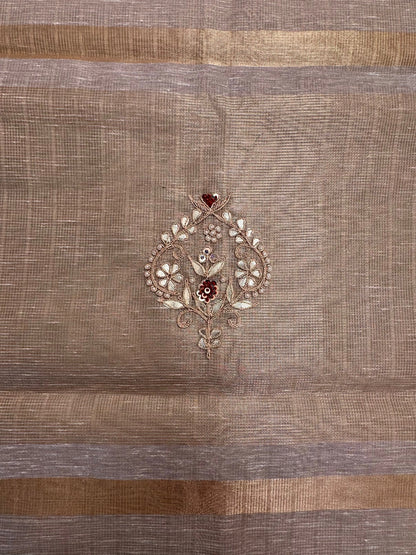 Grey Fancy Zari Cotton Saree With Hand Work