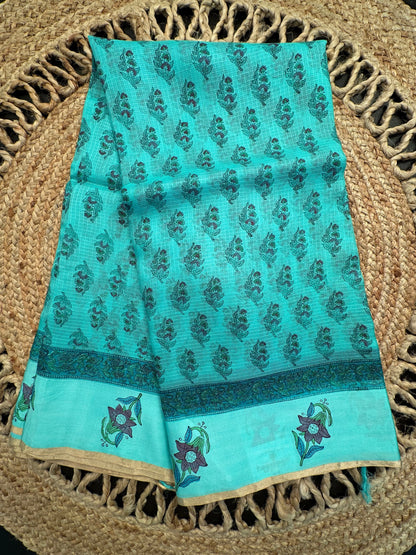 Sea Green Hand Block-Print Pure Kota Doria Silk Saree