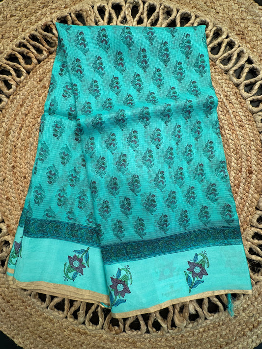 Sea Green Hand Block-Print Pure Kota Doria Silk Saree