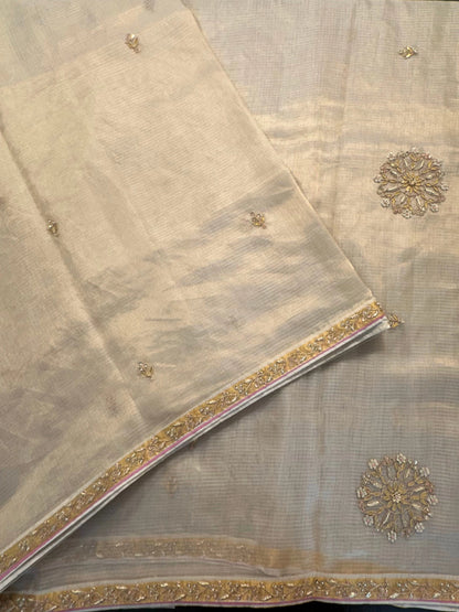 Golden Beige Kota Doria Silk Saree With Zari Work