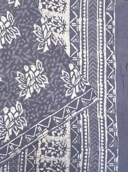 Bluish Grey Hand Block Print Pure Cotton Saree