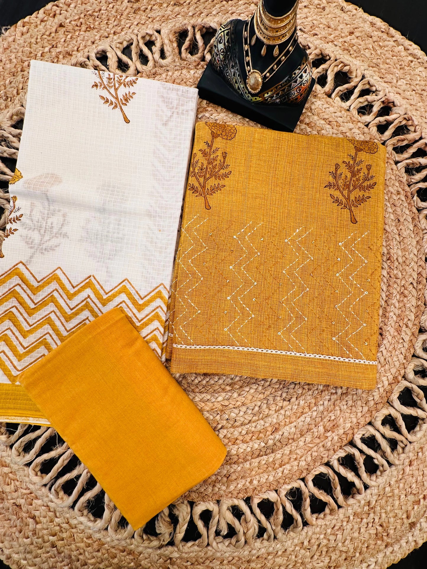 Mustard Jute Cotton 3-piece Unstitched Suit