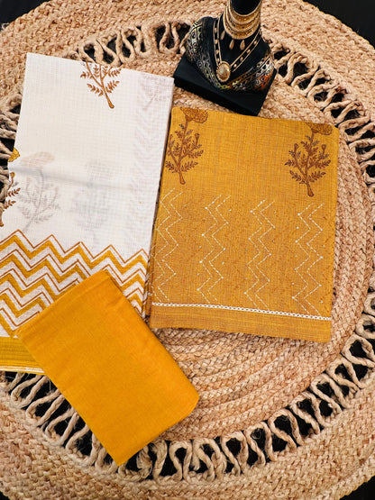 Mustard Jute Cotton 3-piece Unstitched Suit