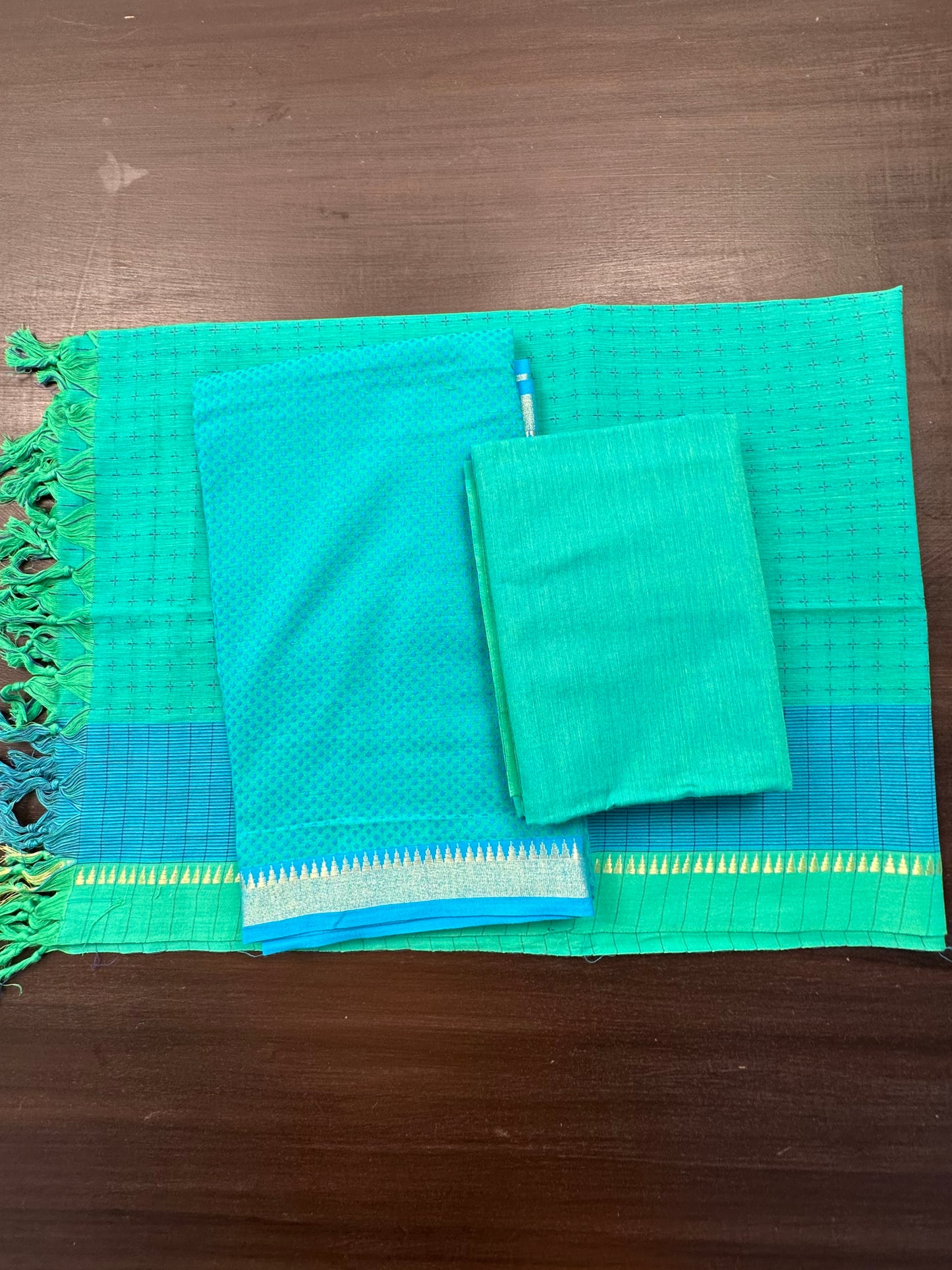 Sea Green Handloom Emboss Cotton 3-Piece Suit