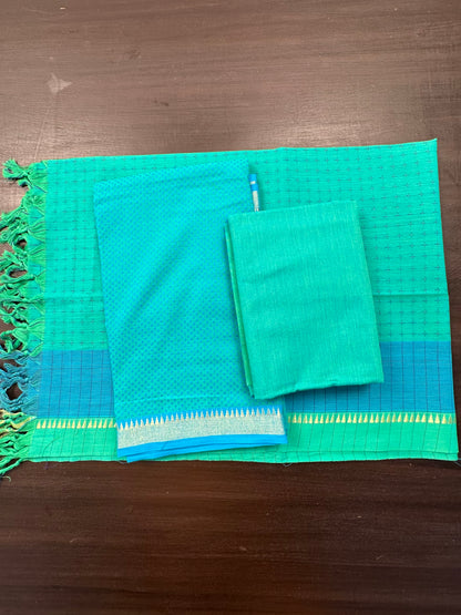 Sea Green Handloom Emboss Cotton 3-Piece Suit