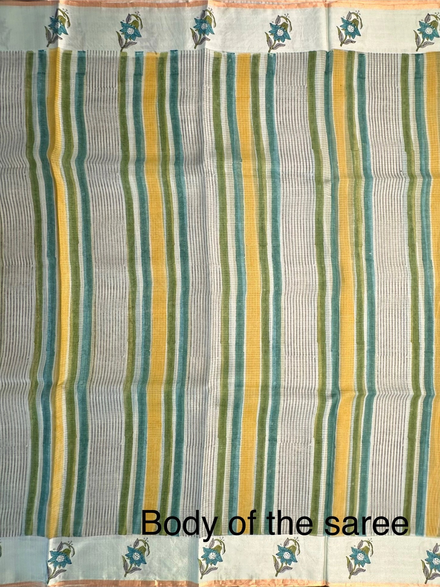 Sea Green-Multi Colour Hand Block-Print Pure Kota Doria Silk Saree