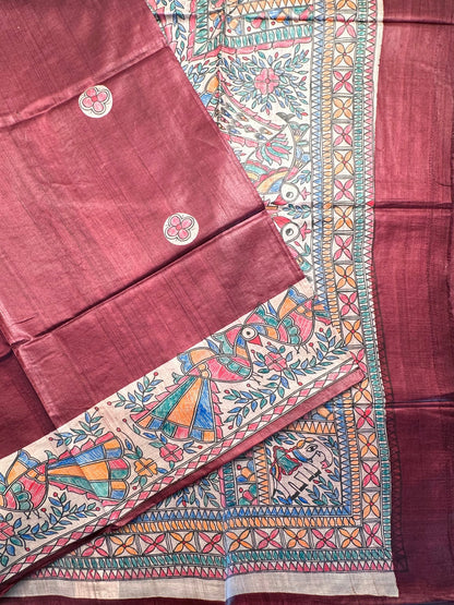 Maroon Madhubani Art Pure Tussar Silk Saree