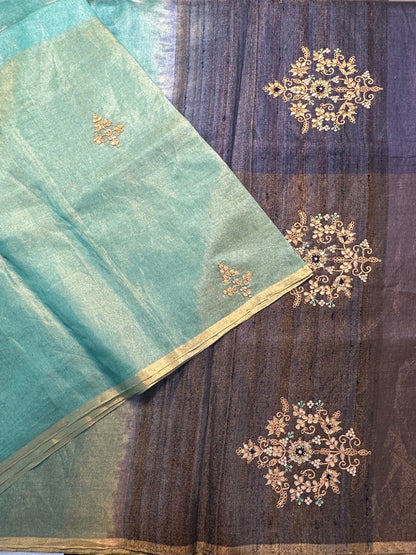 Firozi Tussar Saree With Zari Work