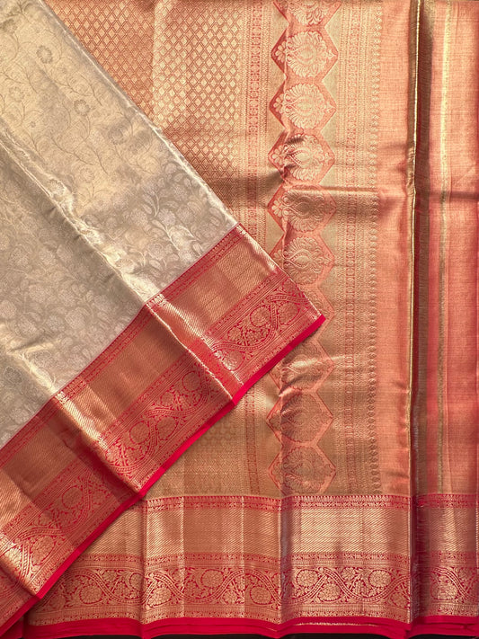 Golden - Red  Handloom Kanjivaram Jamawar Pure Tissue Silk Saree