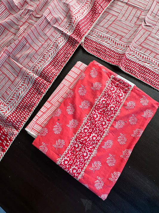 Coral Pink Jaipuri Necktie Cotton 3-Piece Suit