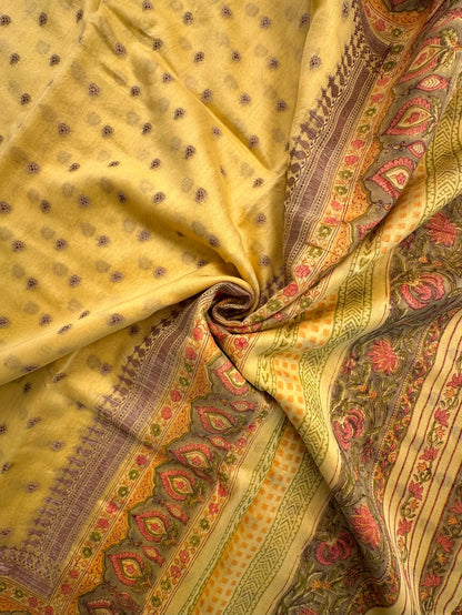 Yellow Chanderi Saree with Hand Block Print