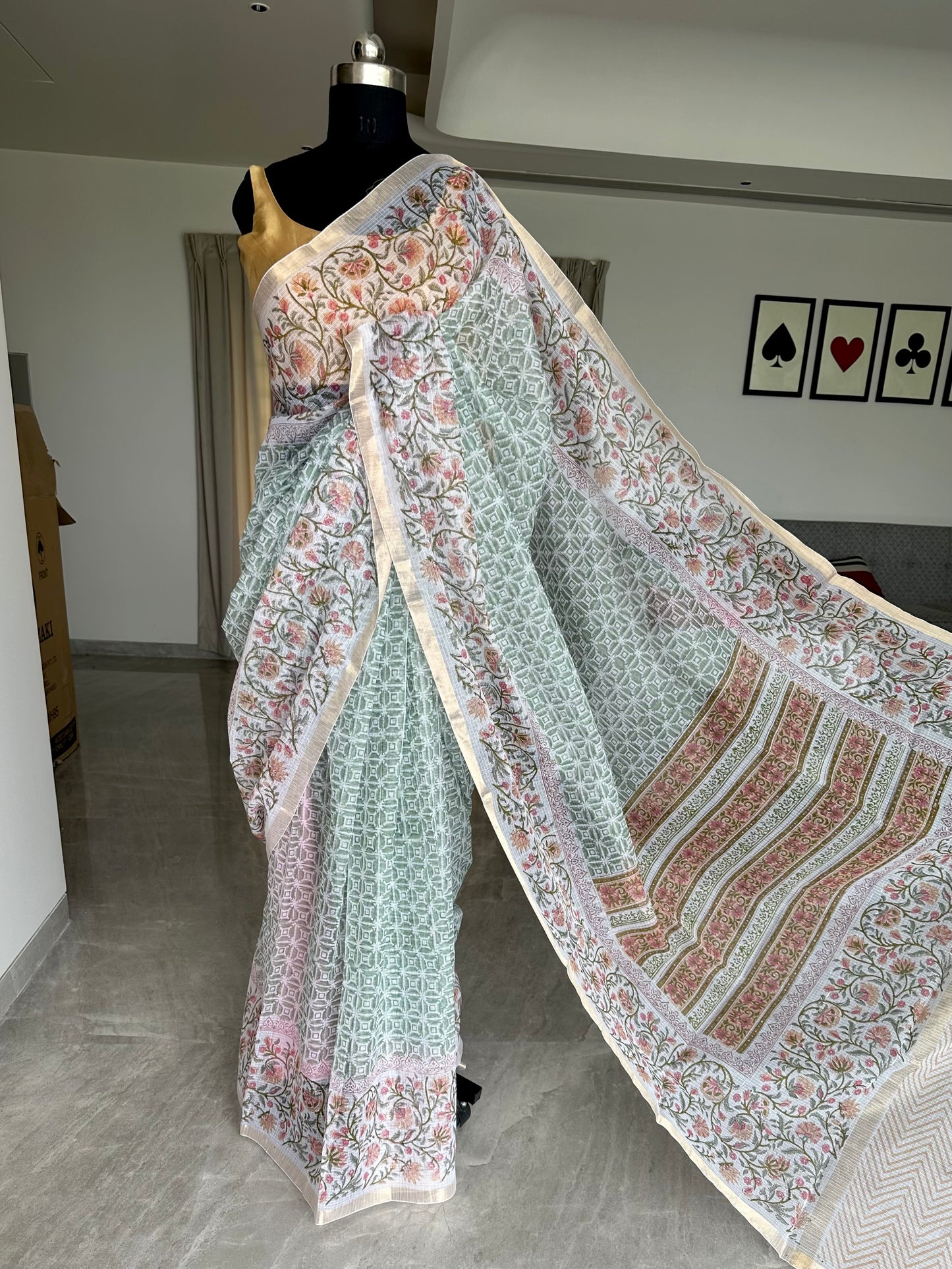 Off White - Grey Block Printed Kota Doria