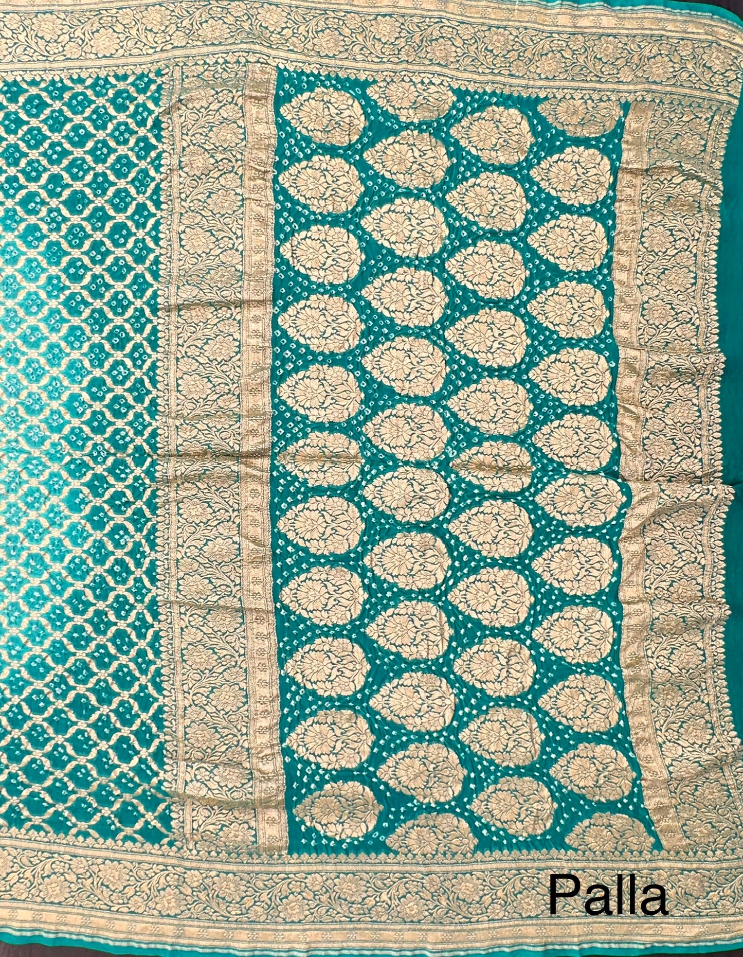 Sea Green Shaded Gharchola Bandhej Pure Khaddi Georgette Saree