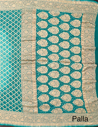 Sea Green Shaded Gharchola Bandhej Pure Khaddi Georgette Saree