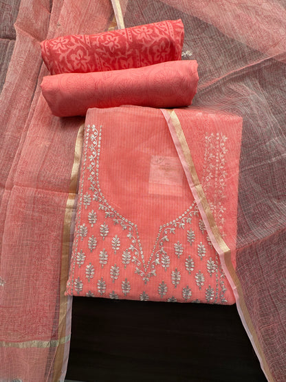 Coral Pink 4-Piece Kota Doria Cotton Unstitched Suit