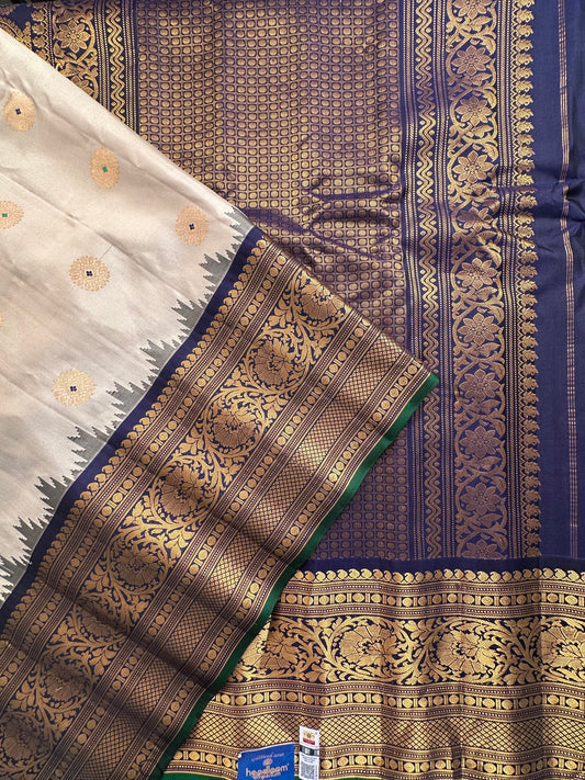 Cream-Navy Blue Gadwal Pure Silk Saree