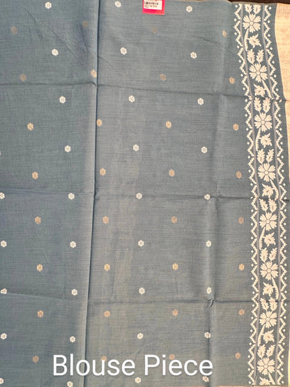 Beige - Blue Floral Weave Fancy Cotton Saree