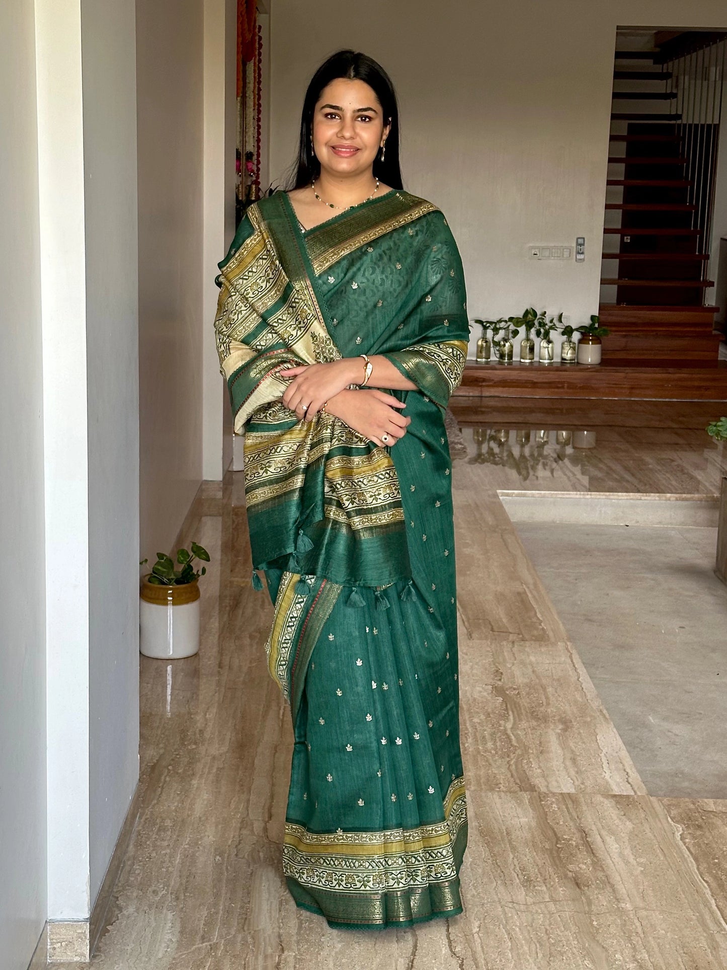Bottle Green Muga Silk Saree