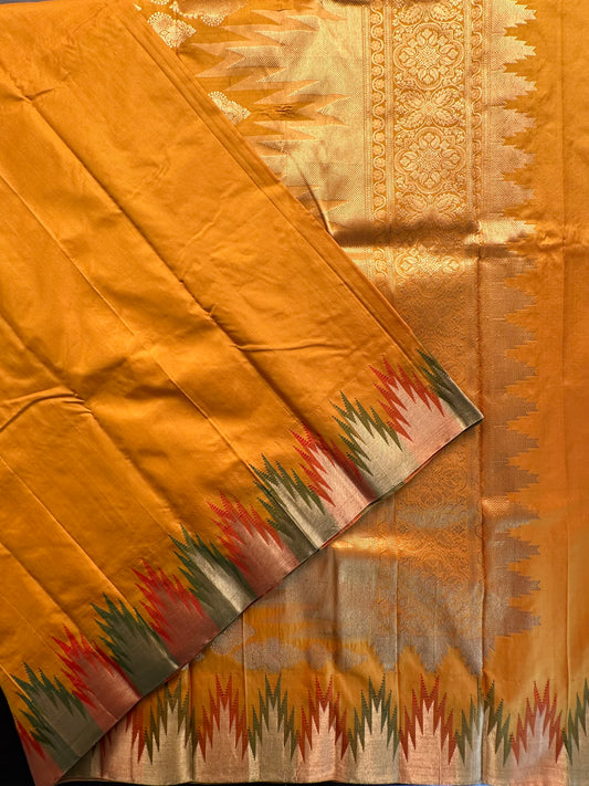Mustard Madurai Temple Border Pure Silk Saree