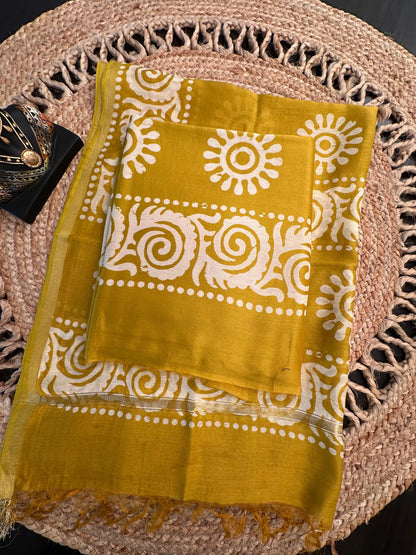 Mehndi Green Printed Chanderi 3-Piece Unstitched Suit