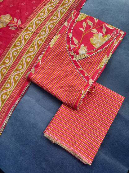 Dark Pink Angrakha Printed Cotton 3-Piece Suit