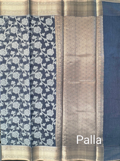 Grey Floral  Emboss Chanderi Saree