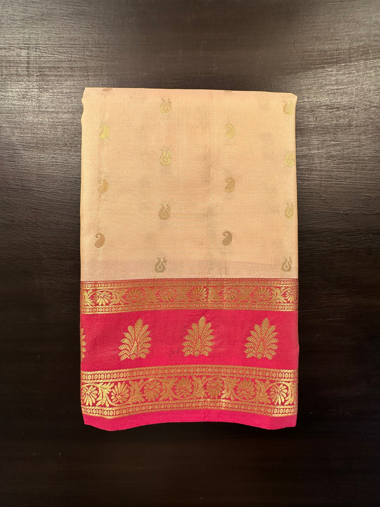 Beige Pondicherry Handloom Pure Silk Saree