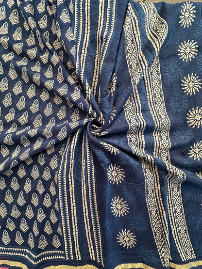 Indigo Blue Block Print Cotton Blend Saree