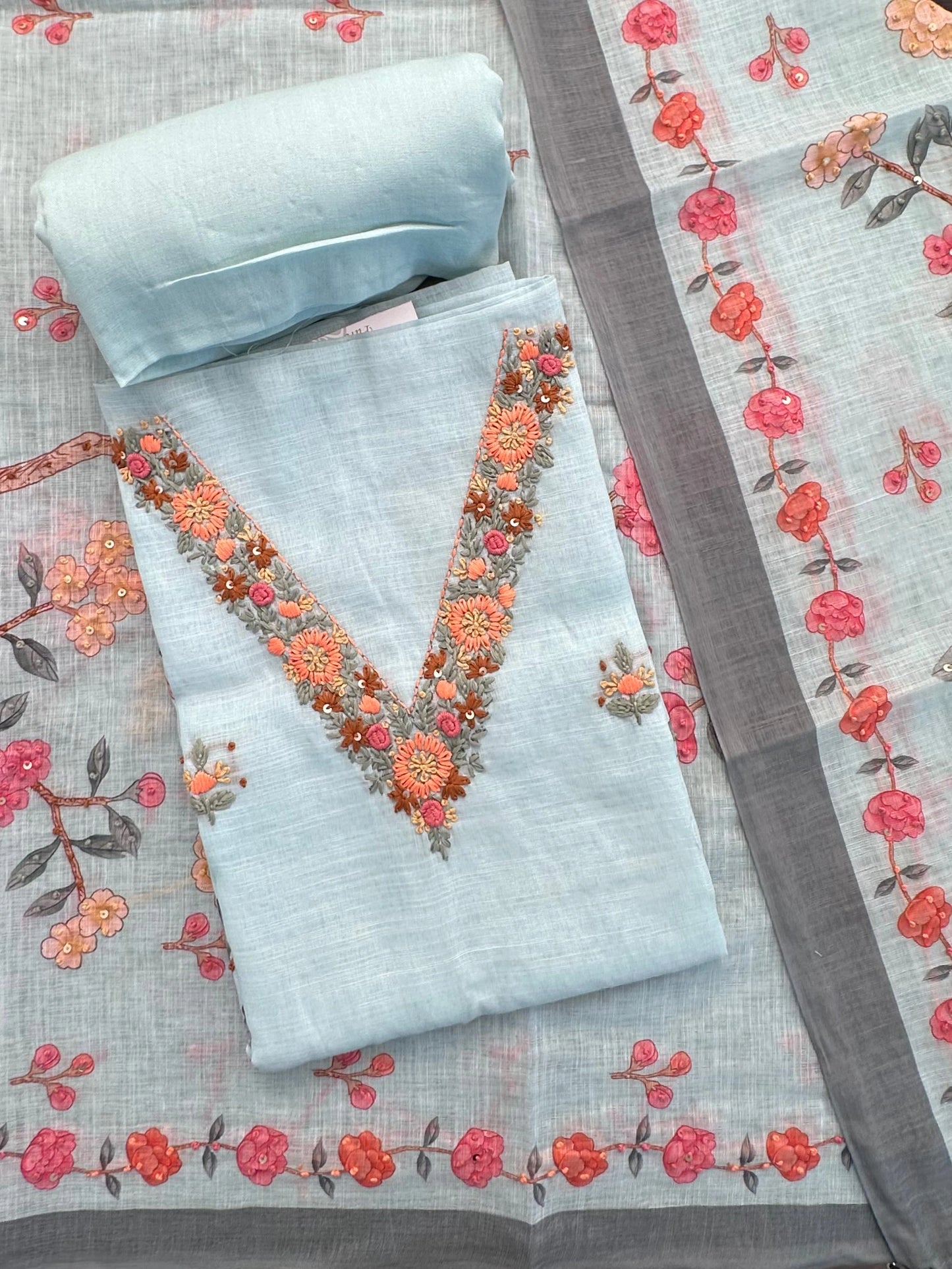 Powder Blue Hand Embroidery Fancy Cotton Suit
