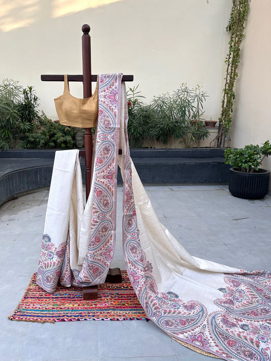 Off White-Champagne Printed Art Silk Saree