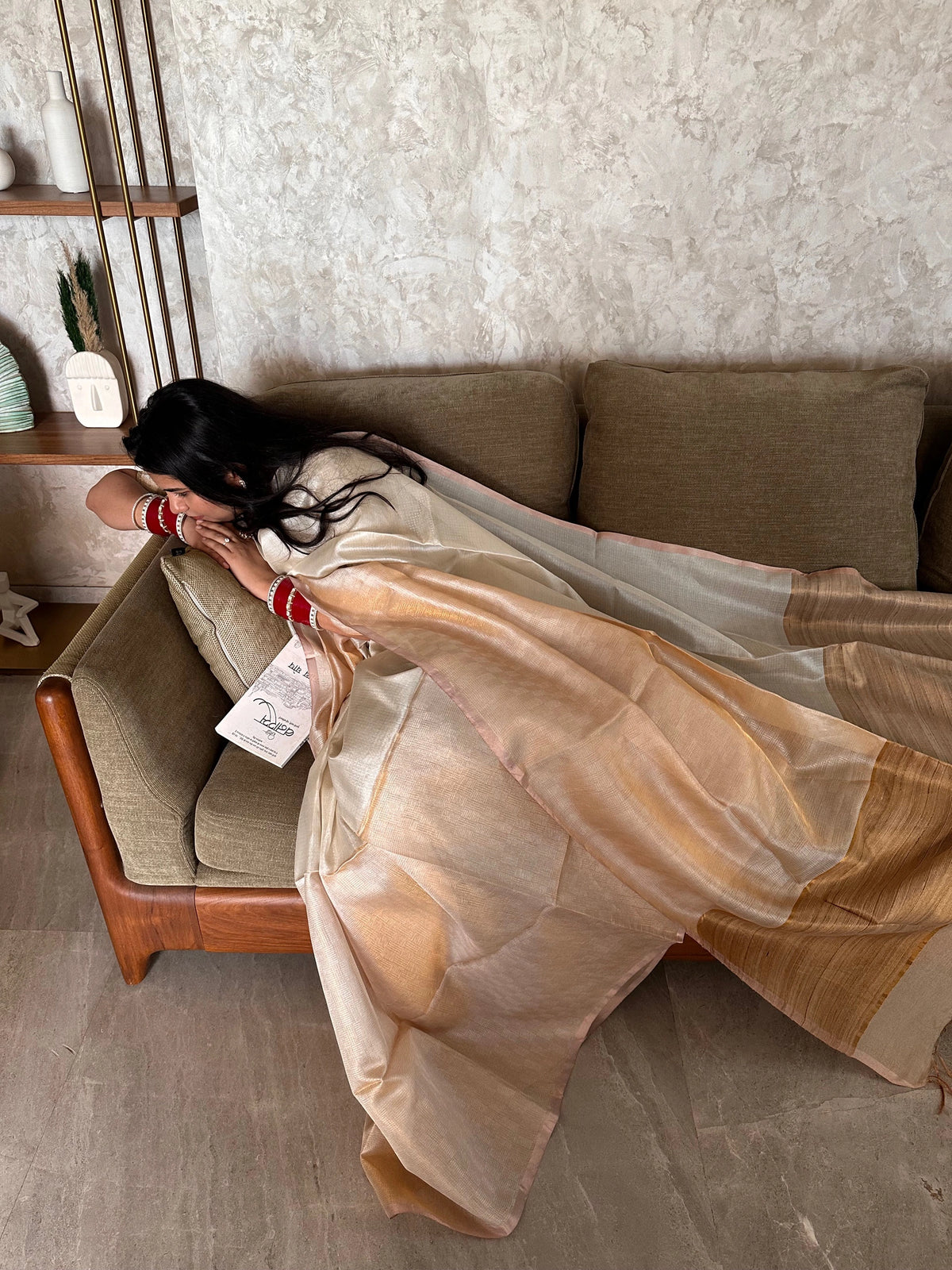 Off White-Golden Emboss Tissue Silk Saree