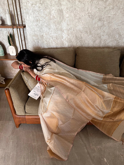 Off White-Golden Emboss Tissue Silk Saree