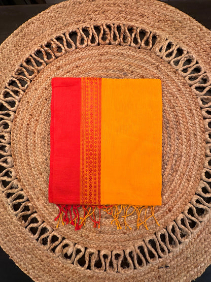 Mustard-Red Piku Bengal Cotton Saree