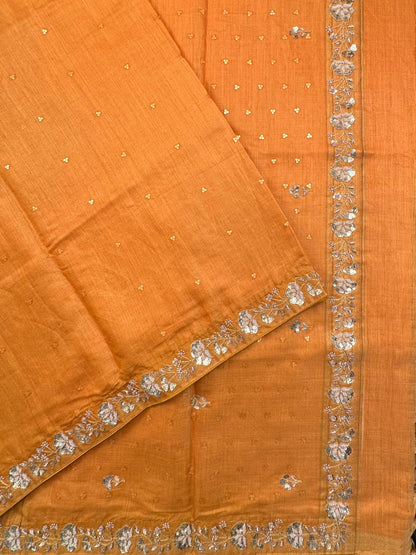 Mustard Tussar-Tissue Silk Saree with Hand Work