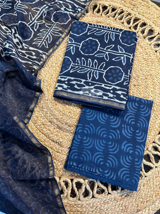 Indigo Block Print Chanderi Suit
