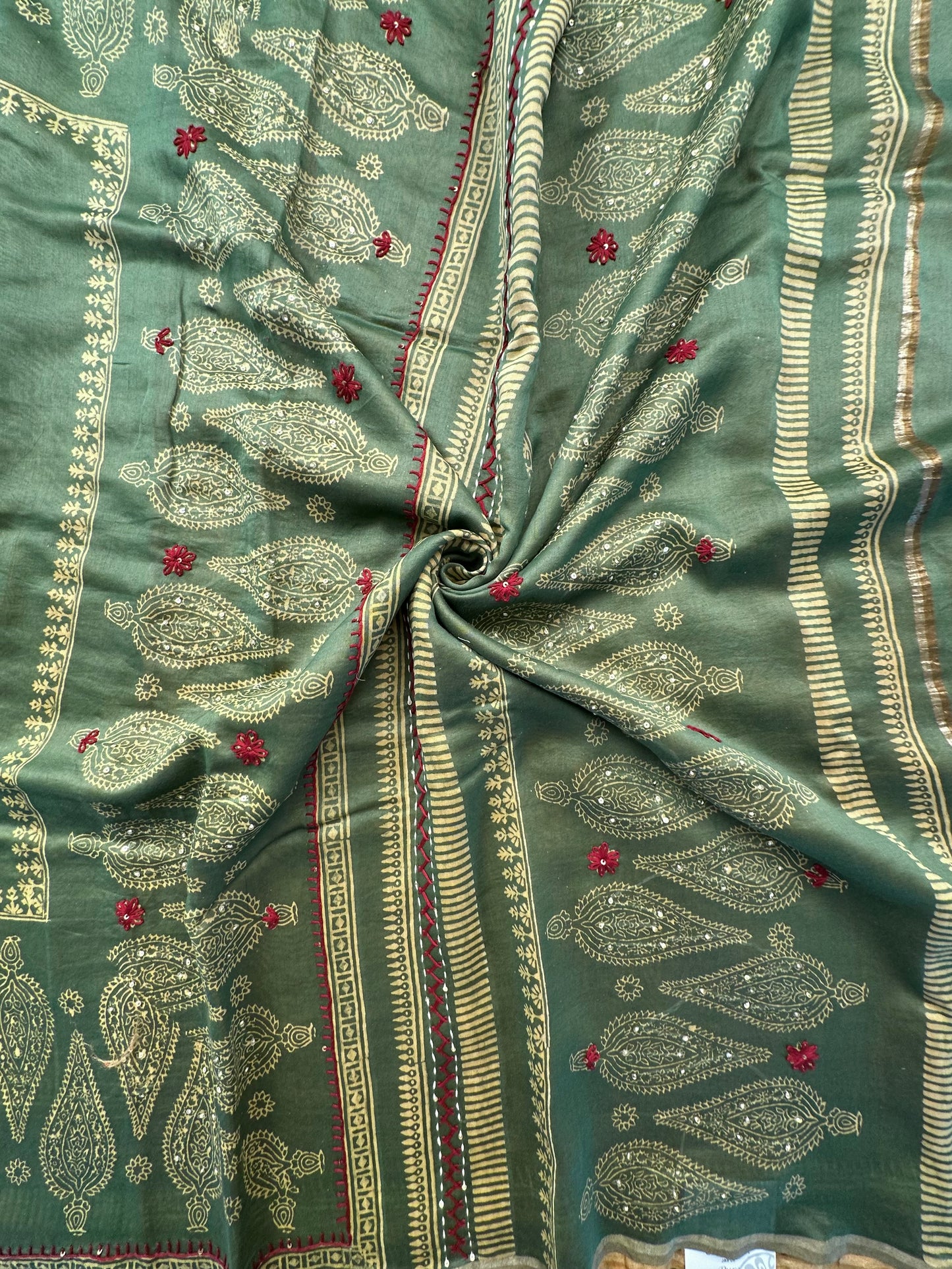 Mustard-Green Block Print Chanderi Saree With Kaantha Stitch