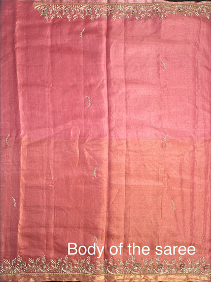 Coral Pink Tissue Silk Saree With Work