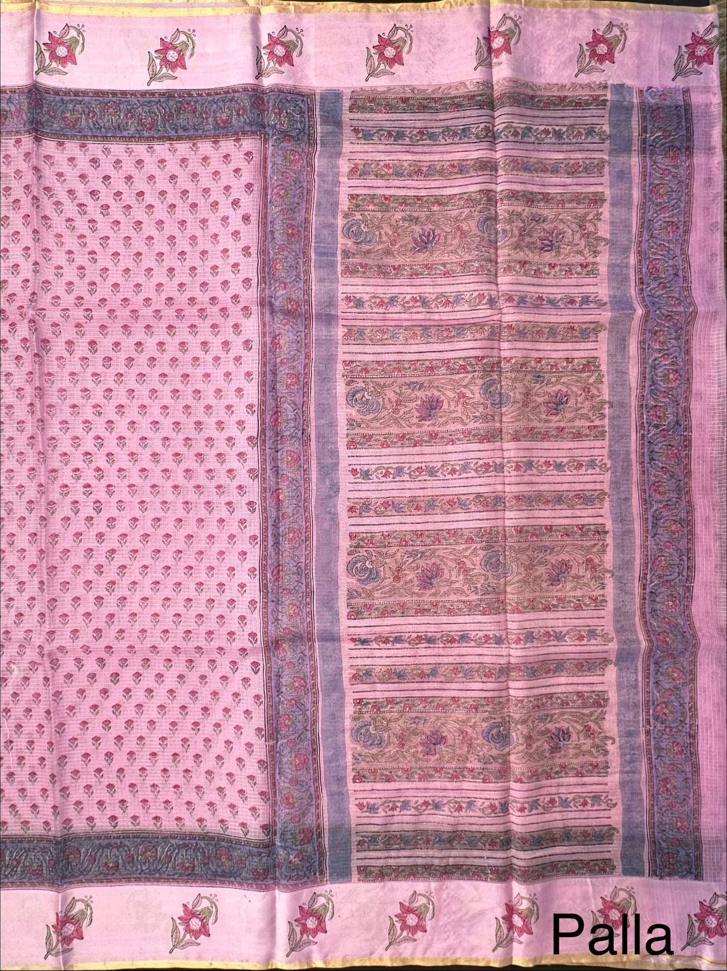 Pink Hand Block-Print Pure Kota Doria Silk Saree