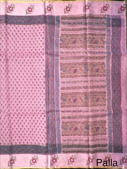 Pink Hand Block-Print Pure Kota Doria Silk Saree