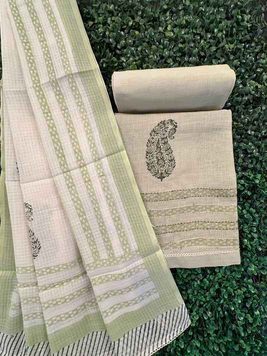 Pista Green Jute Cotton 3-piece Unstitched Suit