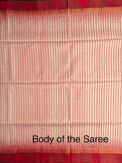 Off White-Red Pure Handloom Soft Silk Saree