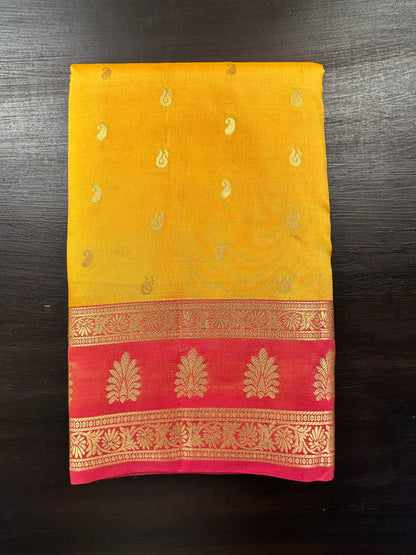 Yellow  Pondicherry Handloom Pure Silk Saree