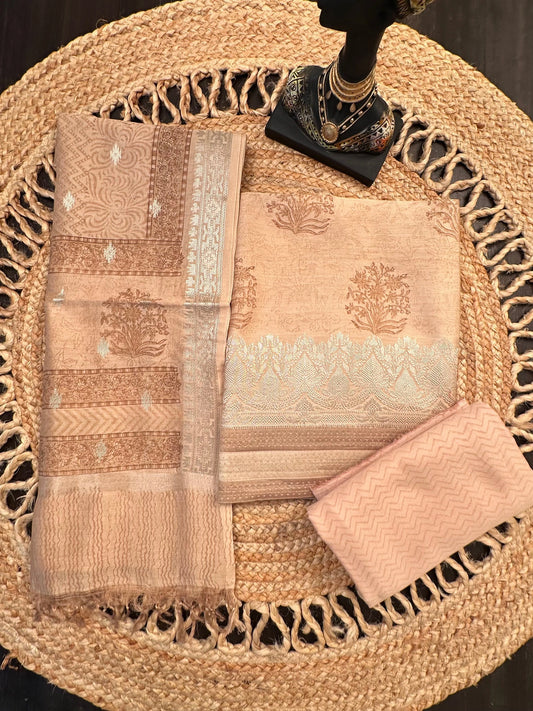 Cream Printed Chanderi 3-Piece Unstitched Suit