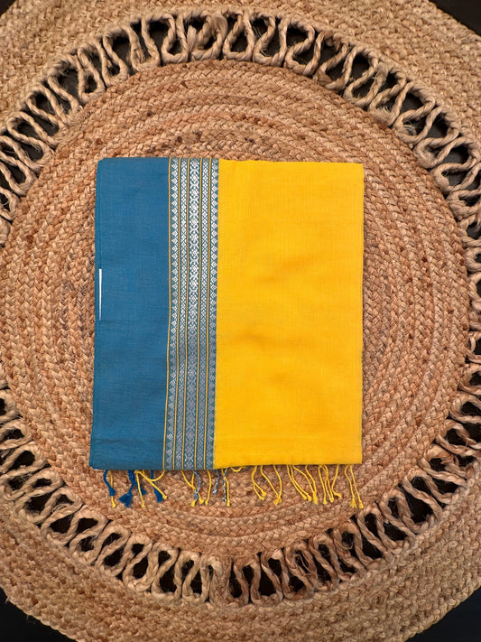 Yellow-Firozi Piku Bengal Cotton Saree