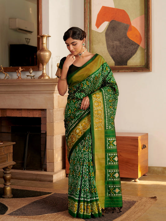 Bottle Green Patola Gharchola Handloom Silk Saree