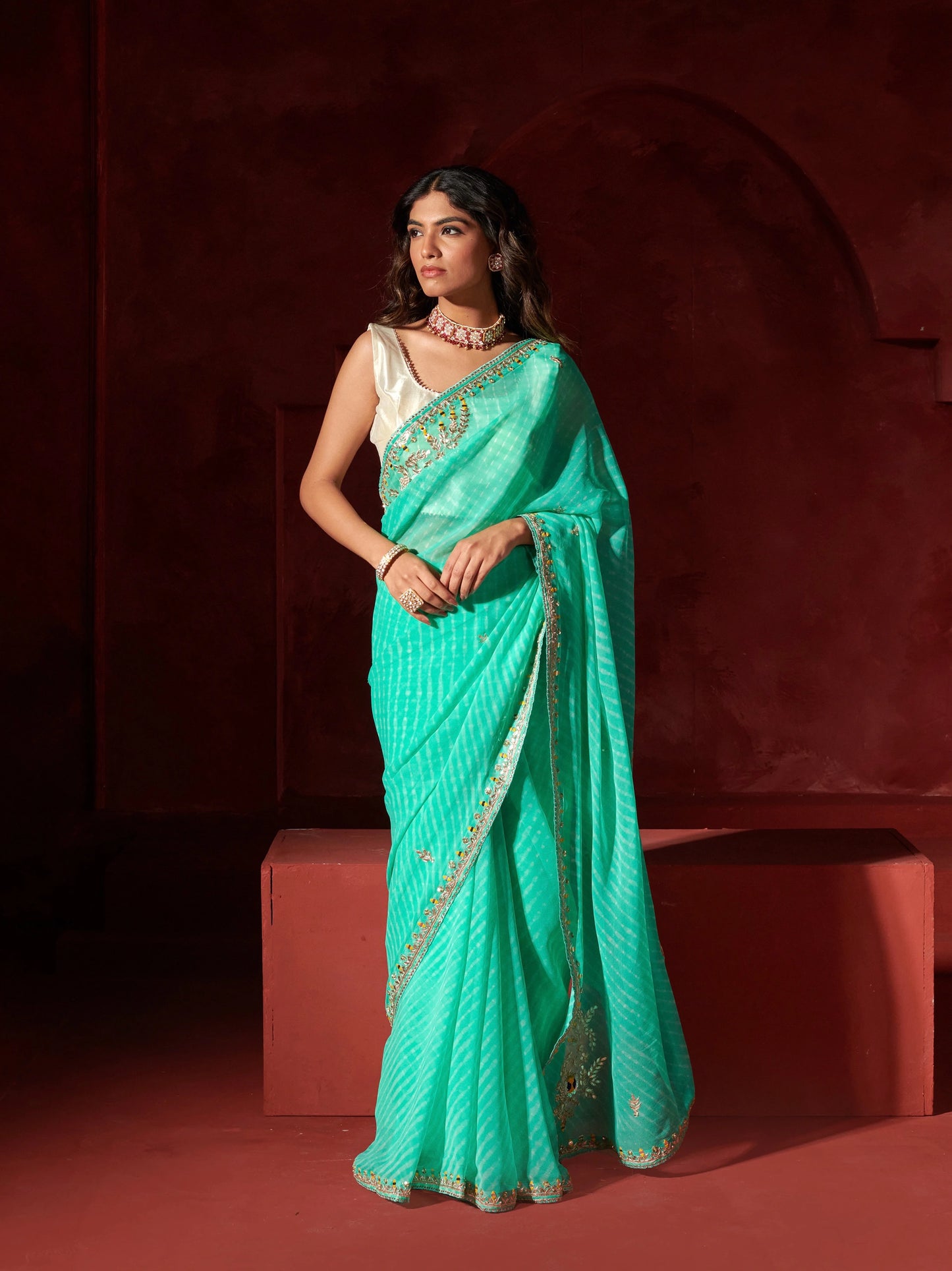 Sea Green Chatai Motra Georgette Saree With Gota Patti Work